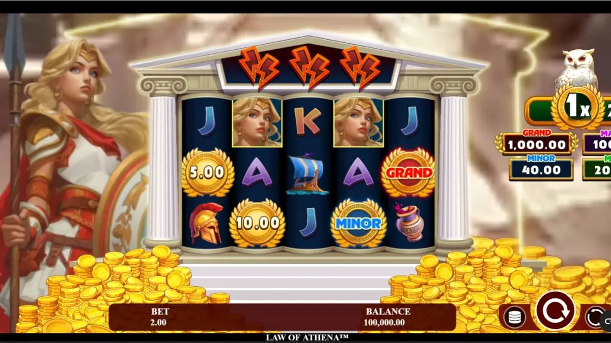 Tampilan visual slot Law of Athena dengan latar belakang kuil Yunani dan simbol mitologi yang megah.